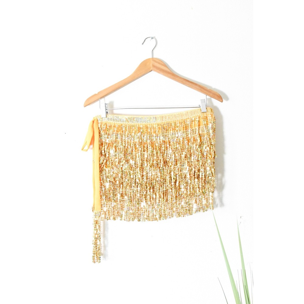Sequin Hip Scarf Women One Size Gold Yellow Vintage Dance Wrap Skirt - Picture 3 of 10